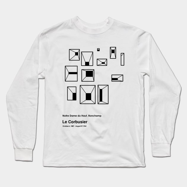 Le Corbusier Notre Dame du Haut Building Black Outline Long Sleeve T-Shirt by AtifSlm